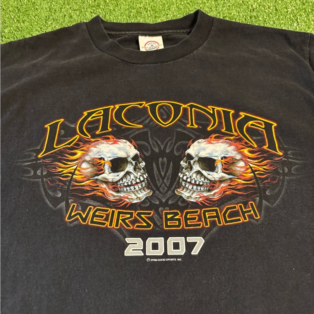 Y2K Laconia Bike Week Flaming Skull T-Shirt - Picture 3 of 7